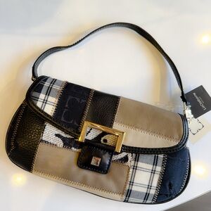 Vintage Liz Claiborne Black and Tan Patchwork Shoulder Bag From Early 90’s